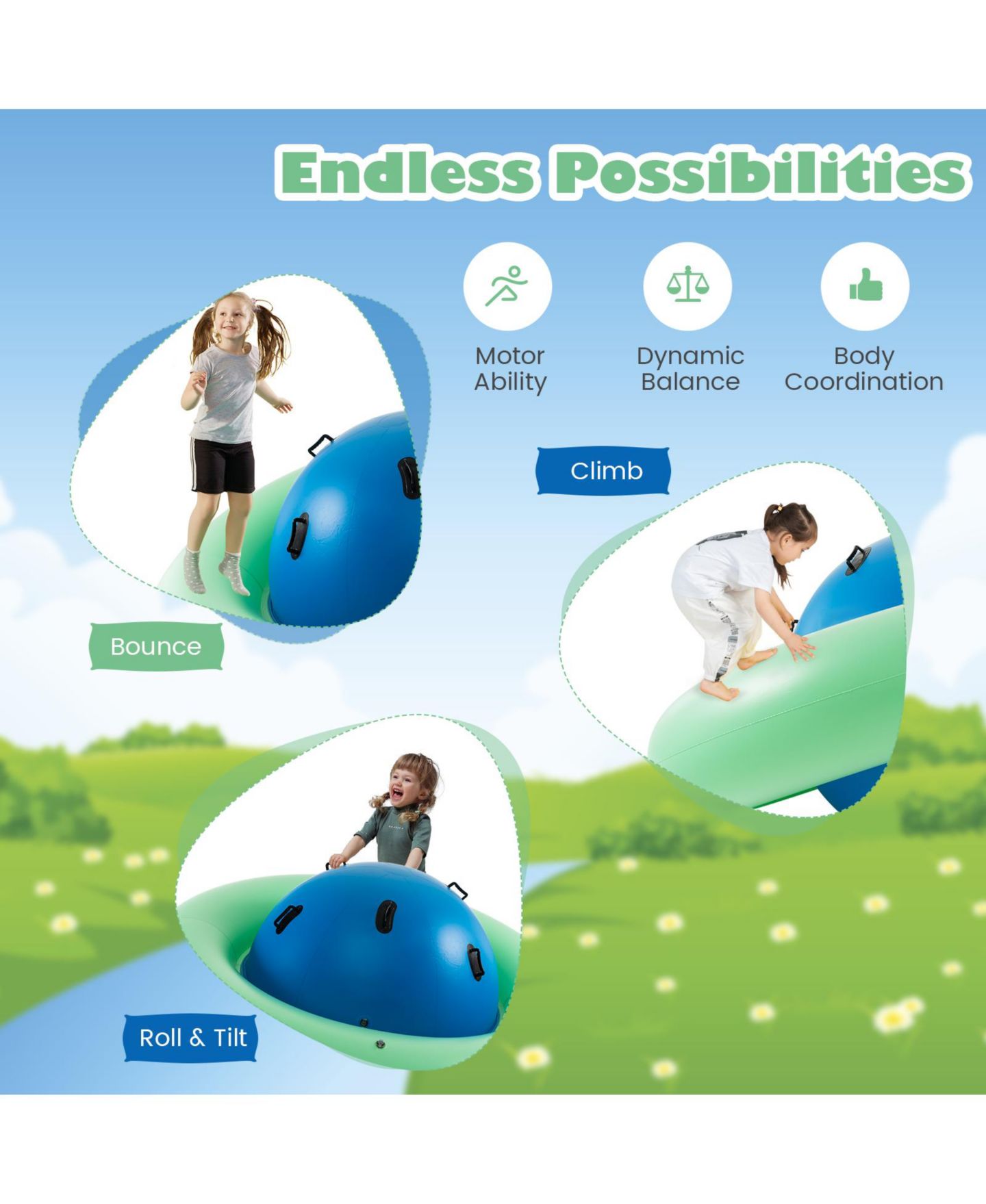 Детская игрушка HONGGE 7.5 Ft Inflatable Dome Rocker Bouncer with 6 Handles for Kids, цвет: Зелёный синий — фото 10