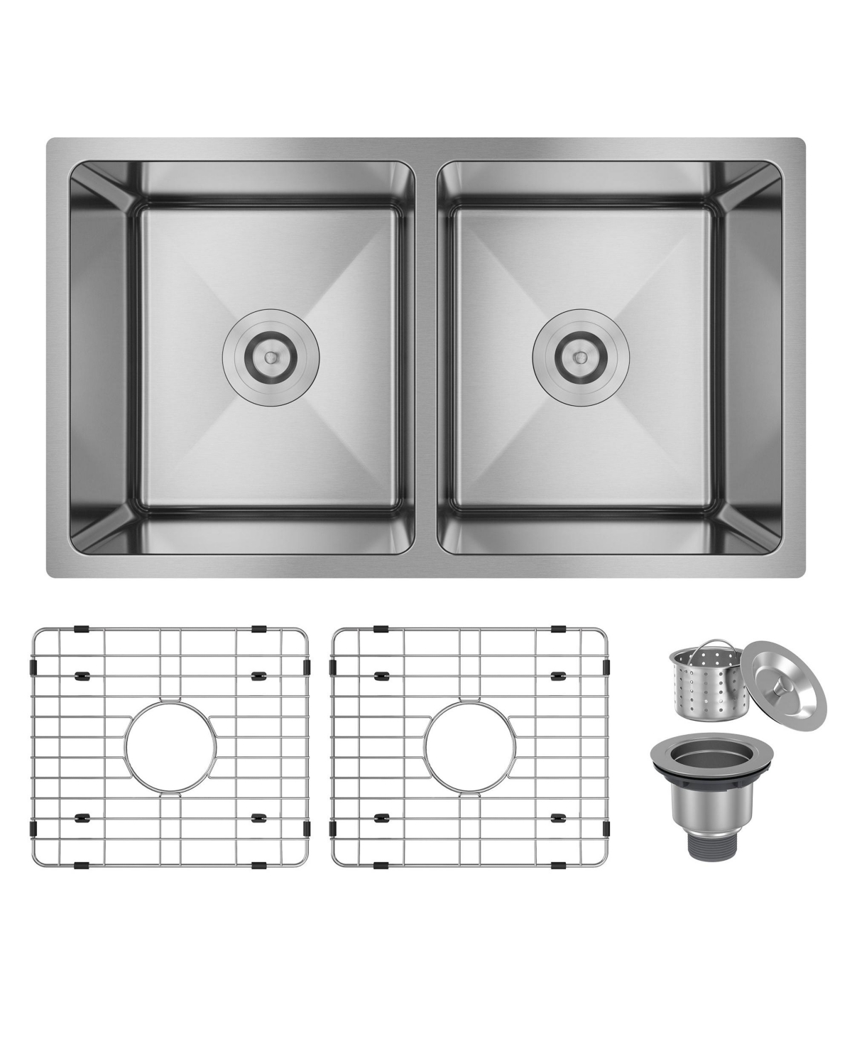 31-Inch Brushed Stainless Steel Sink Under The Table 9-Inch Deep 50/50 Double Grooves With Drain Grid And Drainer - Brushed nickel