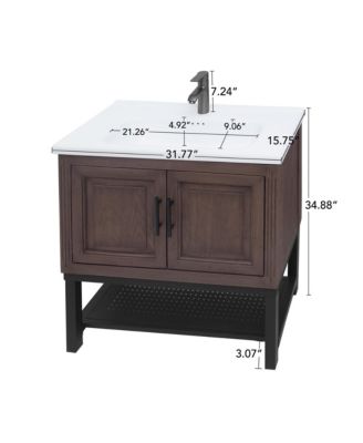 32" Bathroom Vanity with White Ceramic Sink & Faucet,Freestanding Bathroom Cabinet with 2 Storage Doors and Open iron Shelf