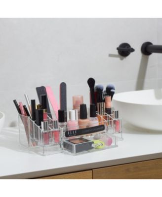 Acrylic Makeup Tray Organizer– 16 Compartments 1 Drawer, Rectangular Holder for Brushes, Eyeshadow Palettes, Skincare & Beauty Supplies