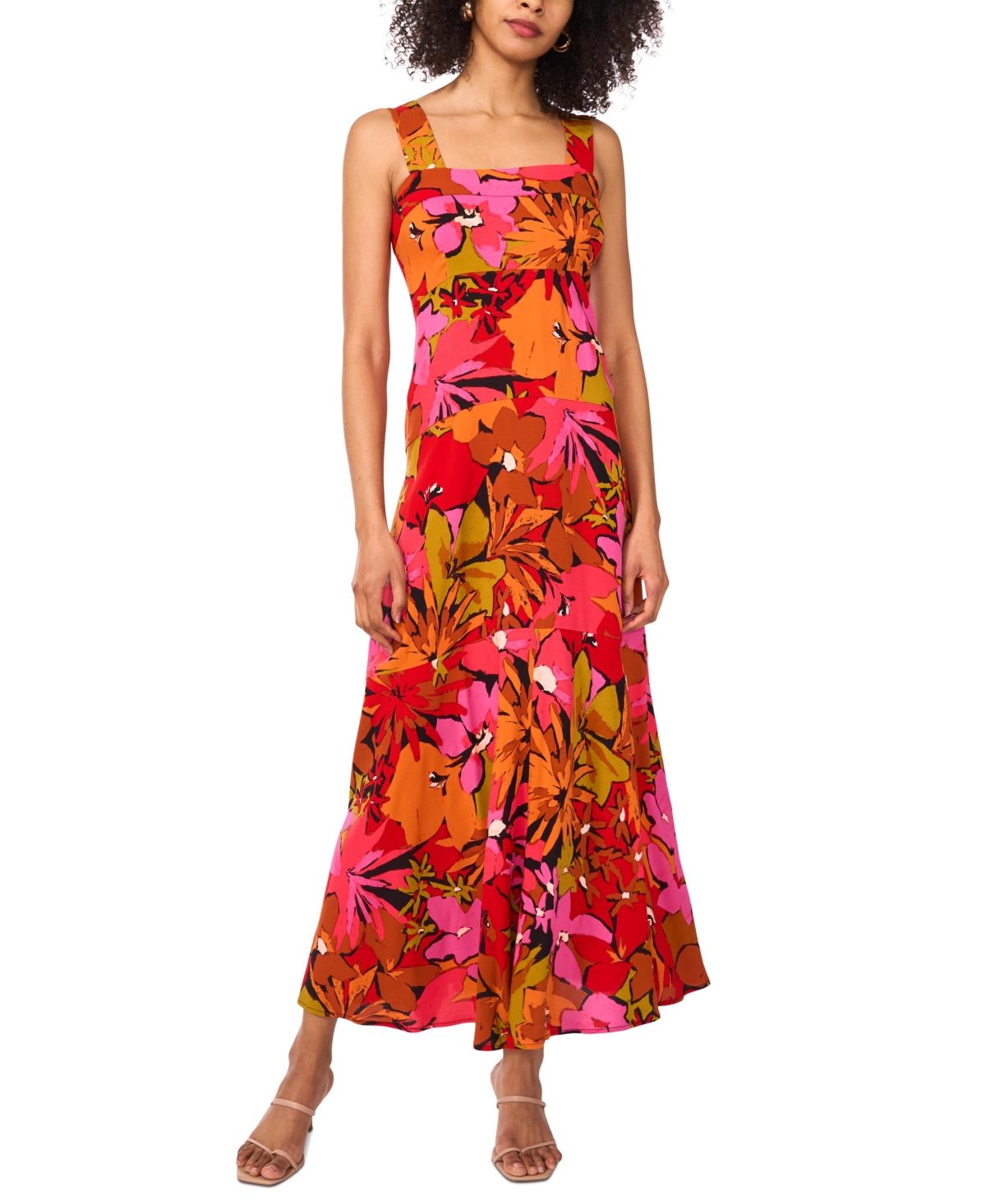 Shop Vince Camuto Women's Floral Square-neck Smocked-back Sleeveless Maxi Dress In Rich Black