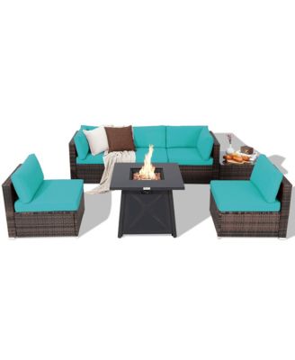 7PCS Rattan Patio Sectional Furniture Set w/ 30'' Fire Pit Table & Cushion