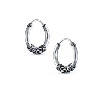 Bali Tribal Swirl Hoop Huggie Earrings Oxidized Sterling Silver 0.50 Inch