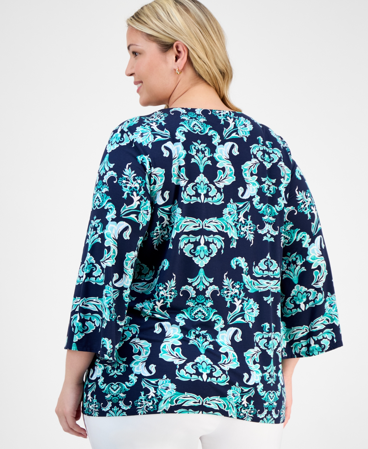 Jm Collection Plus Size Printed Lace-up Split-neck Top, Exclusively At Macy's