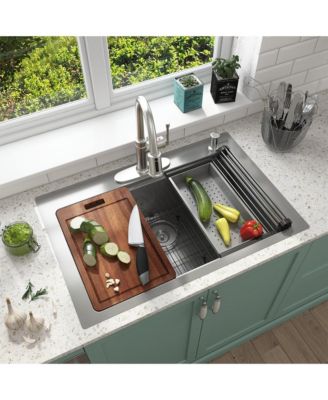 33-Inch Stainless Steel Kitchen Sink Workstation Dual Installation Method Single Grooves With 2 Faucet Holes With Cutting Board