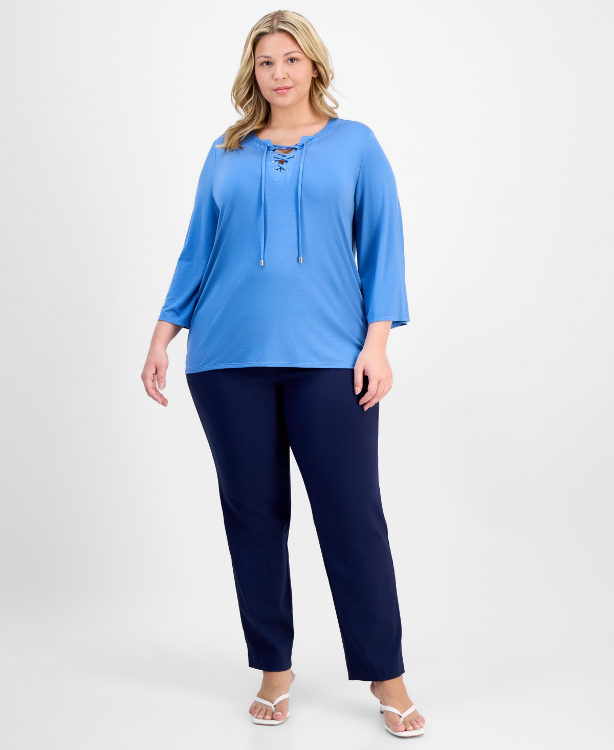 JM COLLECTION PLUS SIZE LACE-UP SPLIT-NECK TOP, EXCLUSIVELY AT MACY'S 