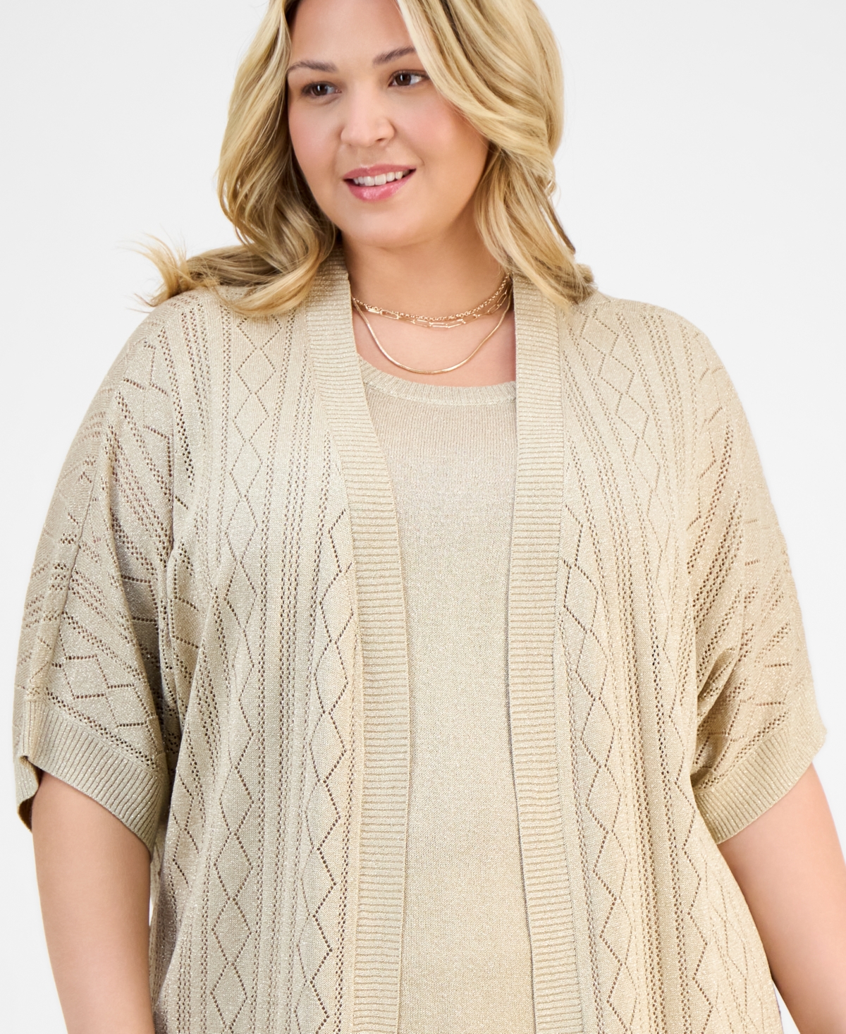 JM COLLECTION PLUS SIZE METALLIC SHINE CARDIGAN SWEATER, EXCLUSIVELY AT MACY'S 