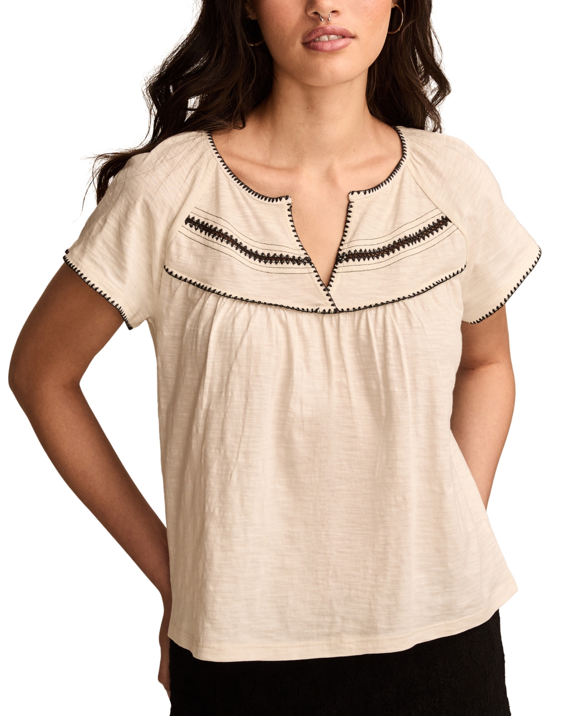 Lucky Brand Women's Cotton Contrast-Trim Short-Sleeve Peasant Top