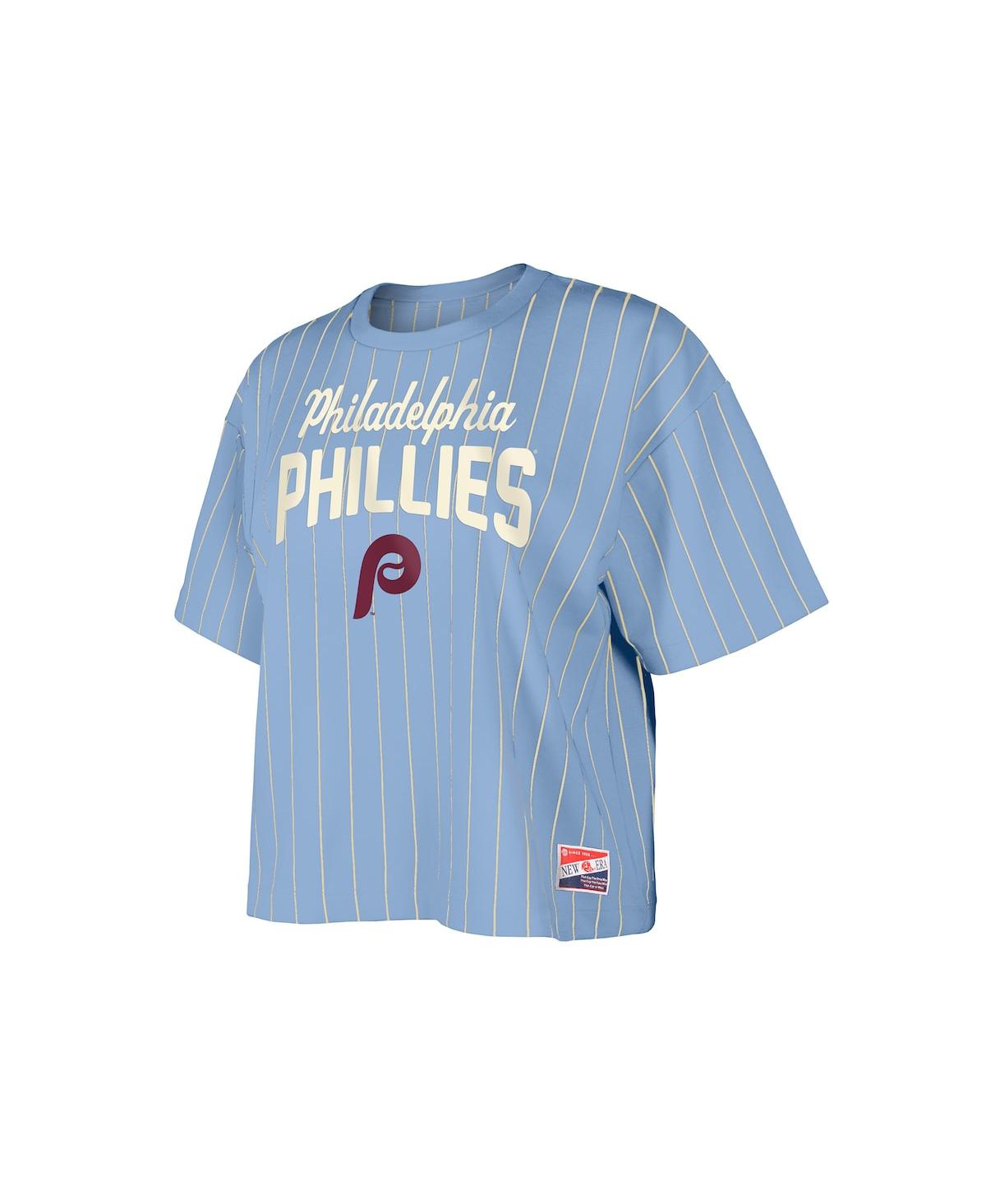 NEW ERA WOMEN'S LIGHT BLUE PHILADELPHIA PHILLIES COOPERSTOWN COLLECTION MULTIPLIER PINSTRIPE CROPPED T-SHIRT 