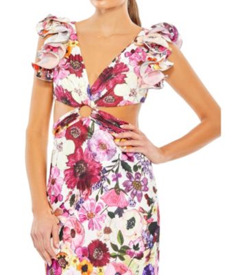 Women's Floral Print Ruffle Shoulder Cut Out Gown