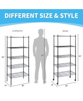 Heavy Duty 5-Tier Shelving Units Adjustable, Wire Shelf with 1000 lbs Capacity (250 per Shelf), 30 "D x 14" W x 65 "H, Black, 5 Levels, Storage Shelf with Wheels & Leveling Feet