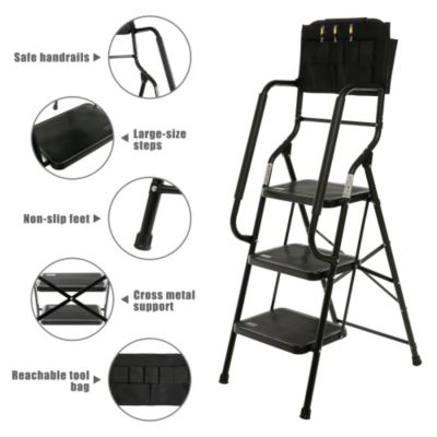 3 Step Folding Ladder with Handrails 500 lb Capacity Steel Frame Step Stool Tool Bag Wide Pedal