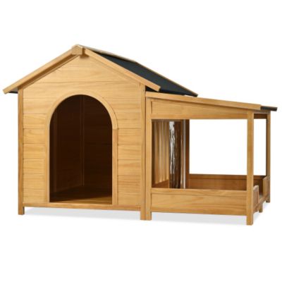 60.2inch Large Wooden Dog House with Porch Cabin Style Dog Crate with Asphalt Roof Nature