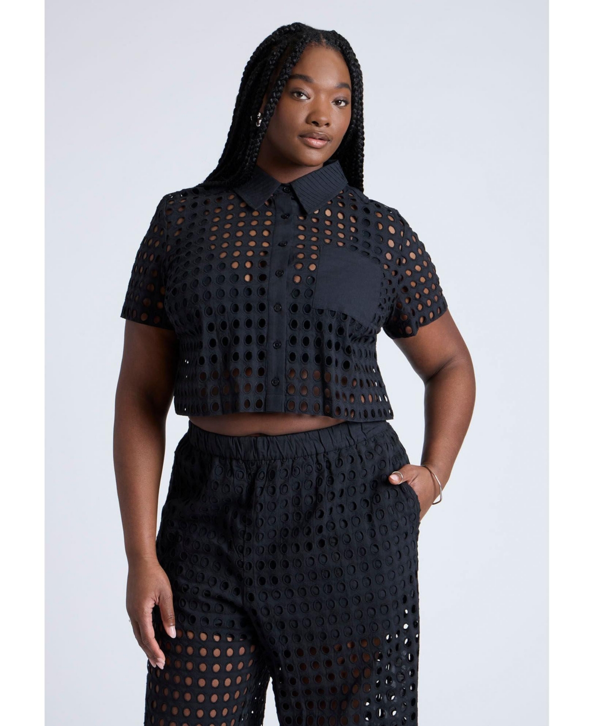 Plus Size Eyelet Short Sleeve Button Up Top - Black