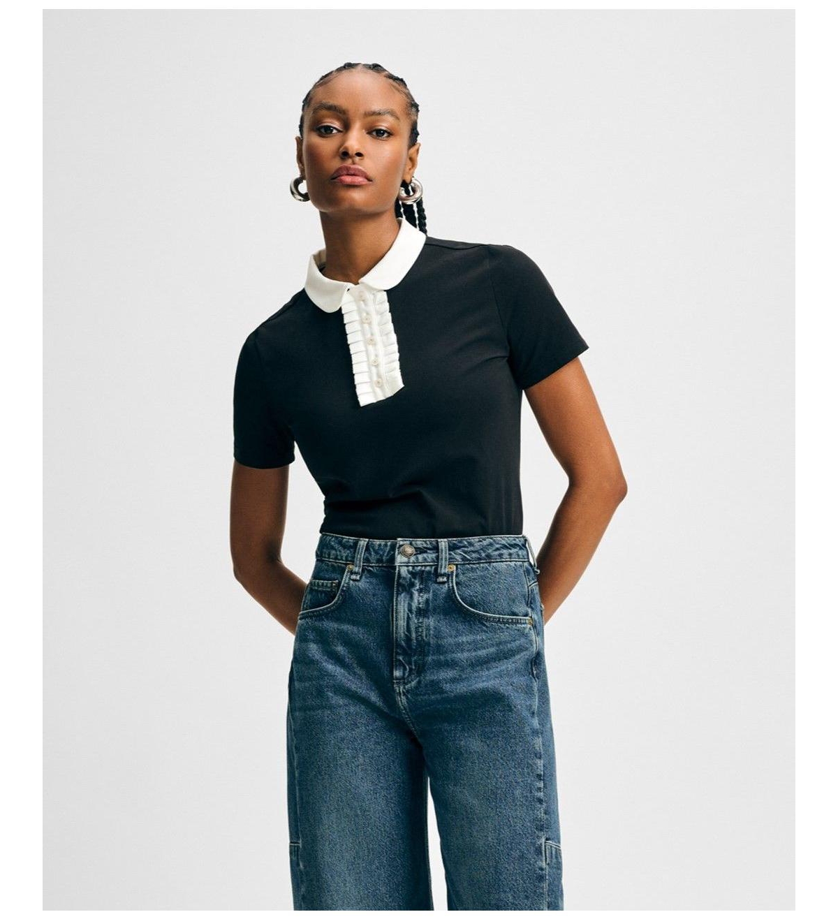 Women's Ruffle Detail Peter Pan Tee - Black white