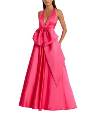 Women's Sleeveless Deep V Satin Gown With Oversized Bow