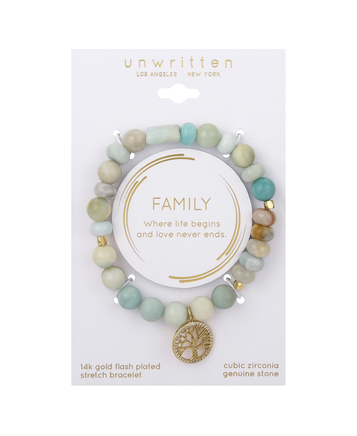 Unwritten Cubic Zirconia And Amazonite Stone Family Tree Stretch Bracelet In Gold
