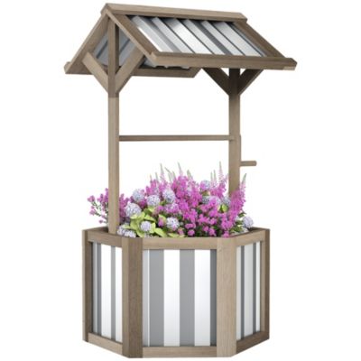 25.6" W x 22.4" D x 45.7" H Wooden Wishing Well Planter with Galvanized Canopy