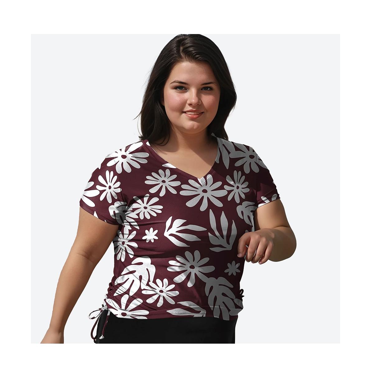 Plus Size V-Neck Adele Swim Top - Wine tropics