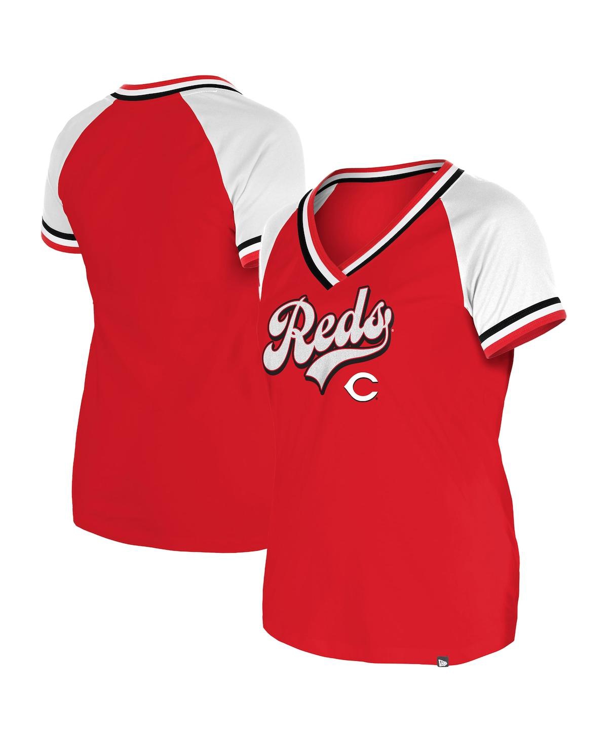 NEW ERA WOMEN'S RED CINCINNATI REDS GAMEDAY RAGLAN V-NECK T-SHIRT 