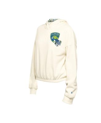 Women's Cream Florida Panthers Glam Game Quarter-Zip Cropped Floral Hoodie Pullover Top