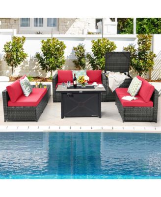 9 PCS Patio Rattan Furniture Set Fire Pit Table Storage Grey W/ Cover