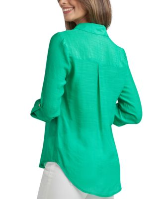 Juniors' Textured Roll-Sleeve Button-Front Top