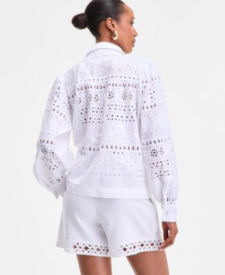 Women's Cotton Eyelet Blouson-Sleeve Blouse, XS-P/XL, Exclusively at Macy's