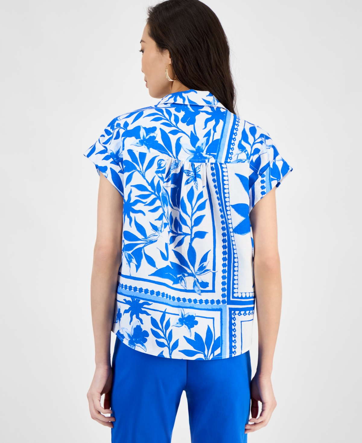Inc International Concepts Women's Printed Short-sleeve Surplice Blouse, Exclusively At Macy's In Blue