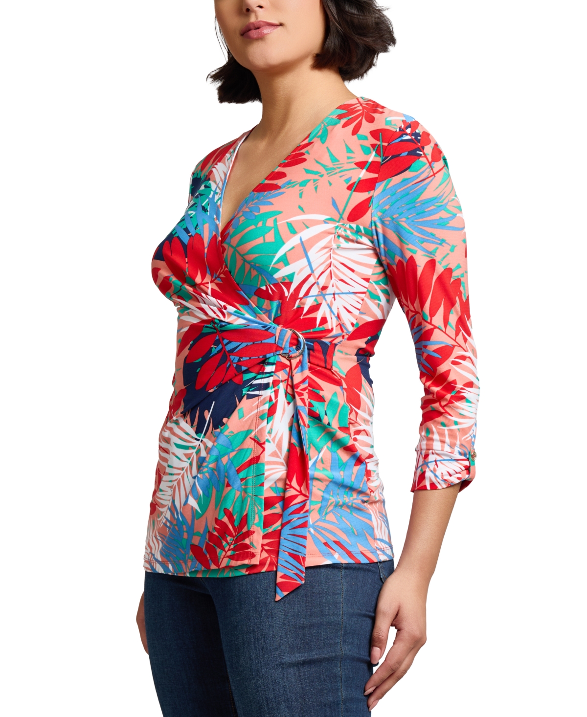 Jones New York Leaf Print Jersey D-ring Wrap Top