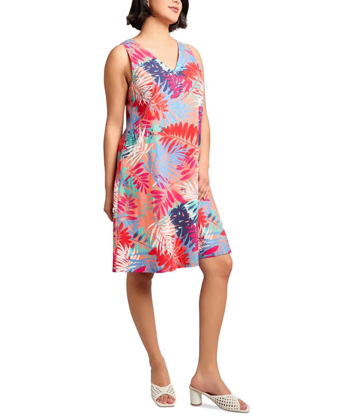 Jones New York Gina Frond Print Linen Blend Trapeze Dress In Multi