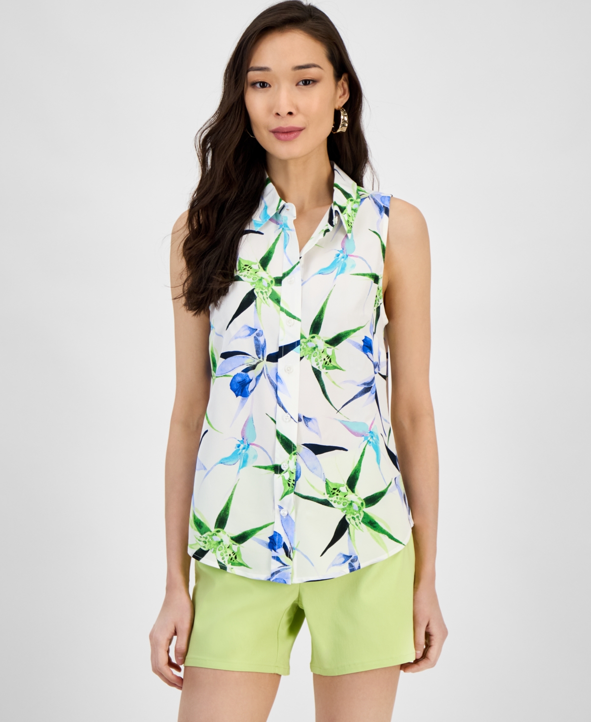 Inc International Concepts Plus Size Printed Surplice Long-sleeve Blouse, Exclusively At Macy's In Green