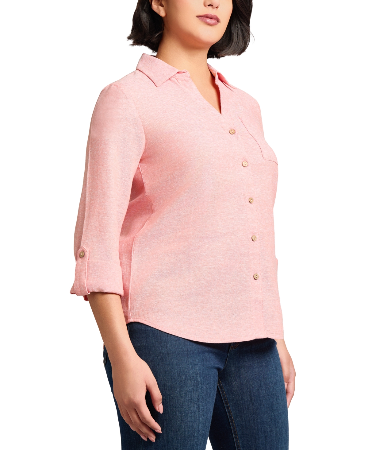 Jones New York Women's Button-front Roll-tab-sleeve Blouse