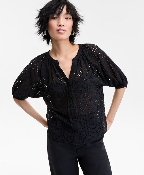 alfani I.N.C. International Concepts Women's Cotton Eyelet Puff-Sleeve Blouse Exclusively at Macy's Women's Fashion Shoes & Accessories