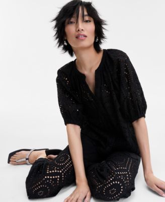 Women's Cotton Eyelet Puff-Sleeve Blouse, Exclusively at Macy's