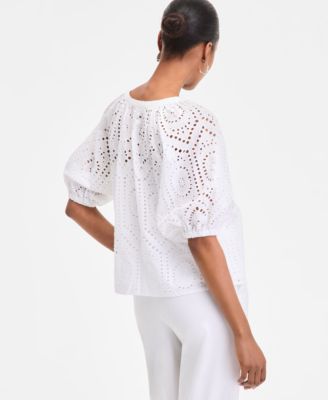 Women's Cotton Eyelet Puff-Sleeve Blouse, Exclusively at Macy's