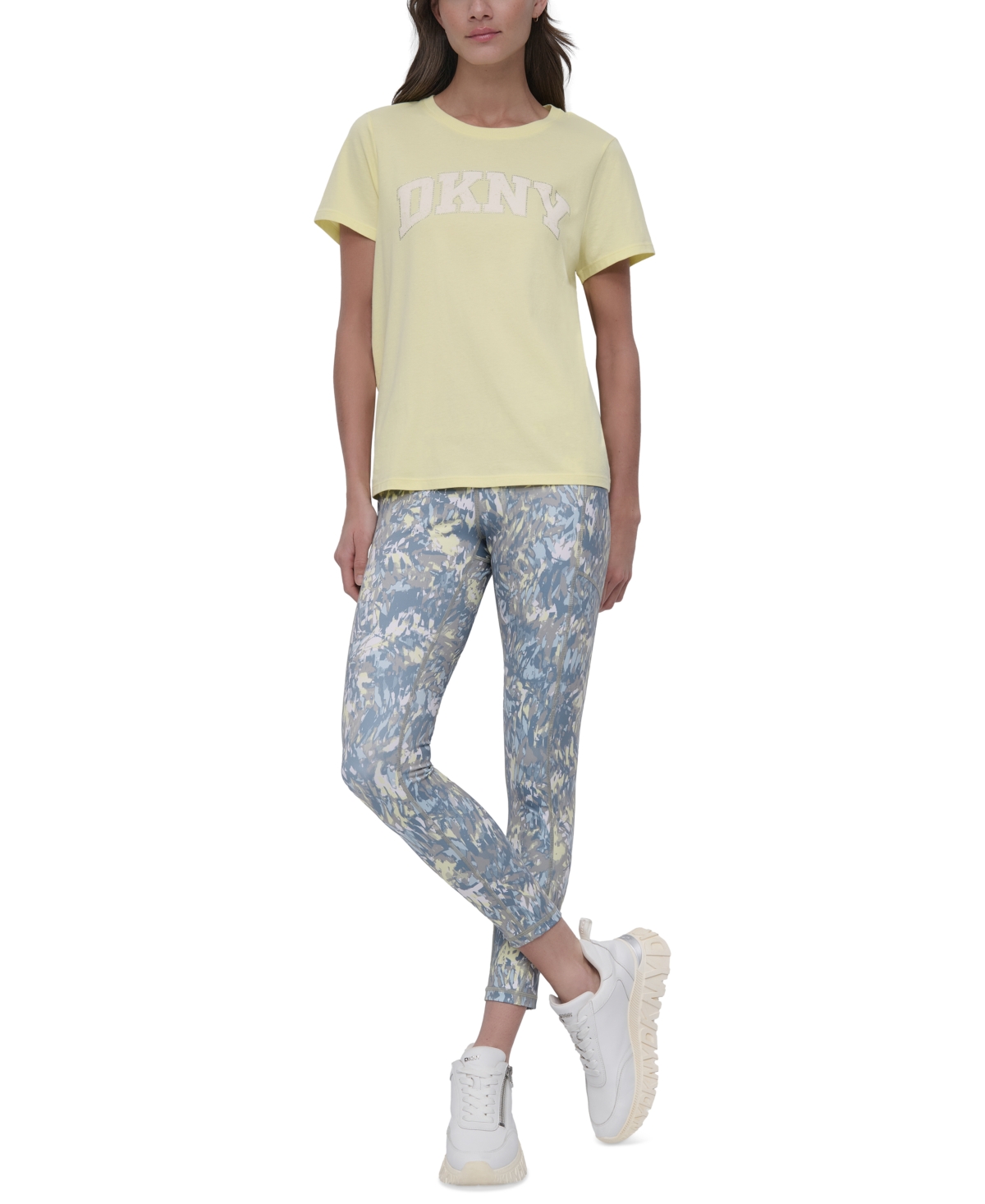 Dkny Women's Active Rhinestone-logo Distressed Crewneck Cotton T-shirt