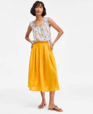 Women's Cotton Eyelet Pleated Midi Skirt, Exclusively at Macy's