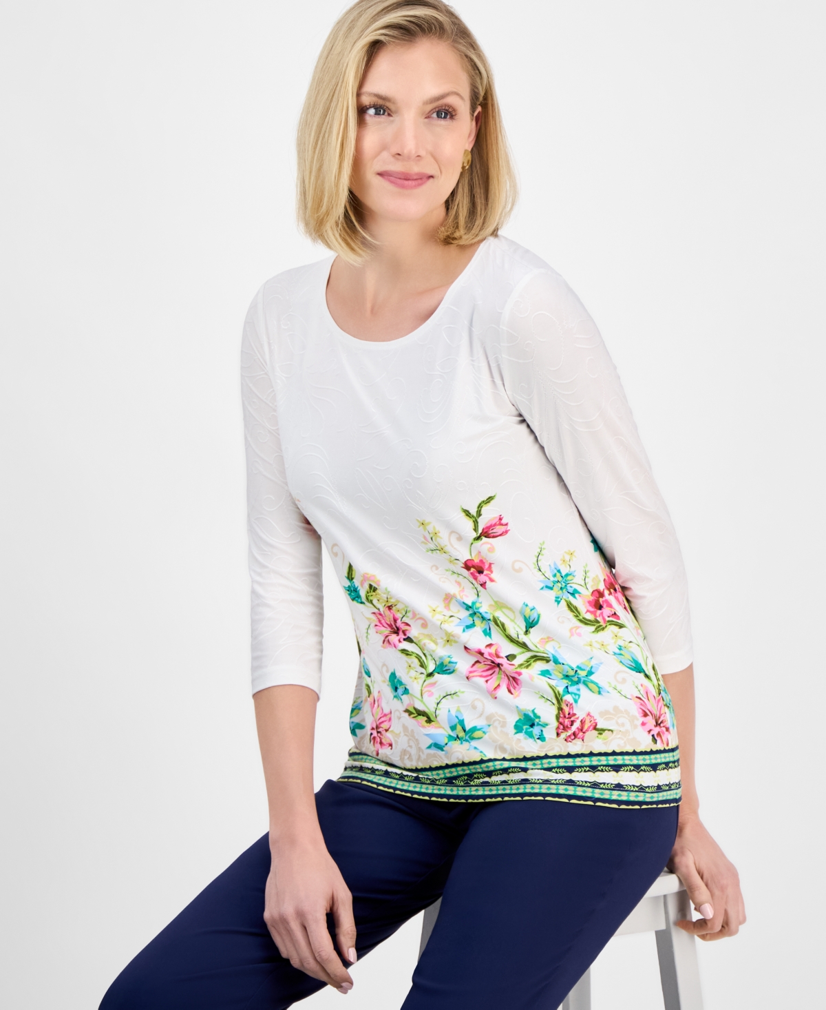 Jm Collection Women's Printed Jacquard 3/4-sleeve Top, Exclusively At Macy's