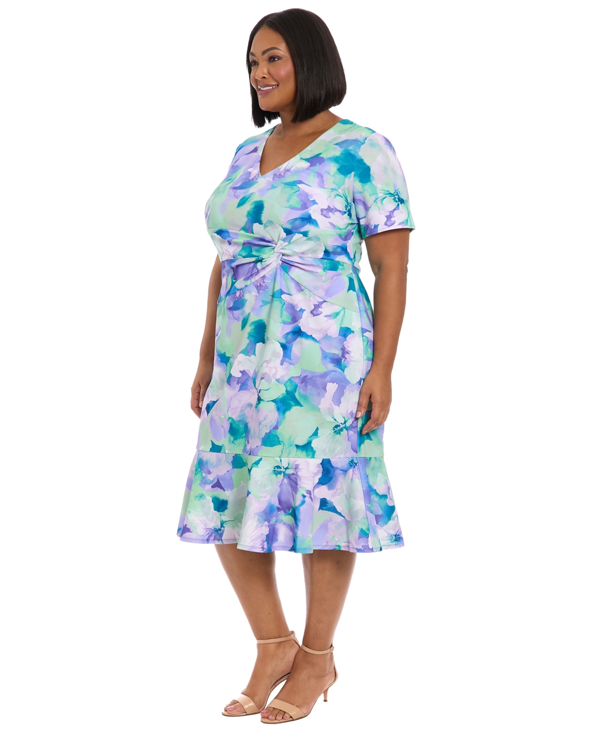 London Times Plus Size Floral-print Twist-front Midi Dress In Lavender Blue
