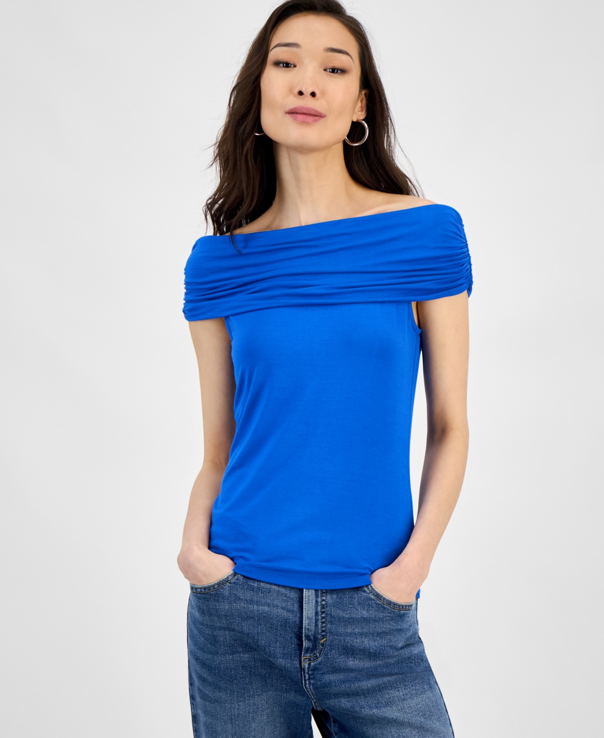 Inc International Concepts Womens Printed Off The Shoulder Top Xs P Xl Exclusively At Macys In Blue