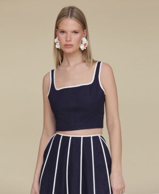 Avec Les Filles - Women's Contrast-Trim Linen-Blend Crop Top