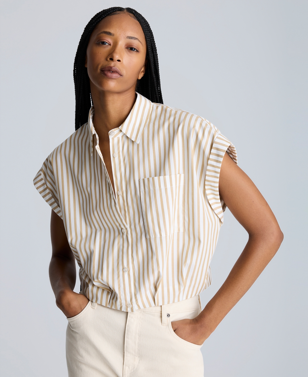 Kenneth Cole Drop Shoulder Short Sleeve Button Front Shirt In Pure White,chai