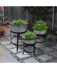 3-Piece Galvanized Metal Planter Set – Round Tub Design with Iron Stands