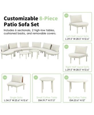 8-Pc Half Moon Patio Sofa Set, Wicker, Glass Tables, Cushions & Pillows, Beige