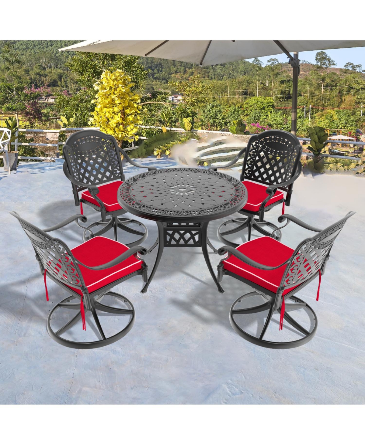 5-Piece Cast Aluminum Dining Set, 4 Swivel Chairs, 35" Round Table