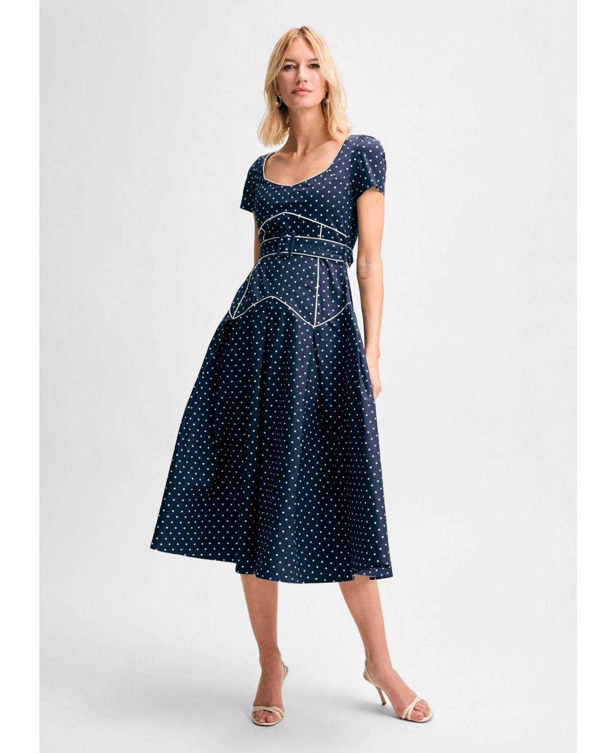 Women's Pleated Short Sleeve Belted Midi Dress - Navy/white