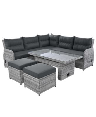 Streamdale Patio Rattan Set, Adjustable Table, Recliners, Ottomans - Grey