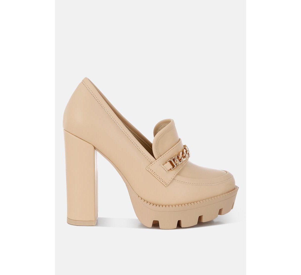 y2k chunky high block heeled loafers - Beige