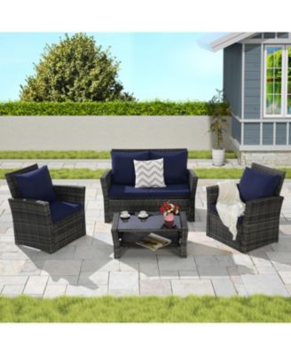 4-Piece Outdoor Patio Furniture Set, Rattan Chairs, Glass Table